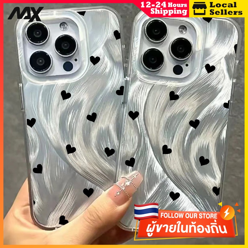 เส้นด้ายขนนกสุนัขจิ้งจอกสีเงิน เคสโทรศัพท์แอปเปิ้ล iPhone 7/8P XR XS X 11 13 12 14 15 Pro Max ความรักเล็กๆน้อยๆสีดำ