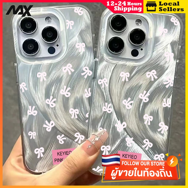 สปาร์คเคิล เส้นด้ายขนนกสุนัขจิ้งจอกสีเงิน เคสโทรศัพท์แอปเปิ้ล iPhone 7/8P XR XS X 11 13 12 14 15 Pro Max โบว์สีชมพู