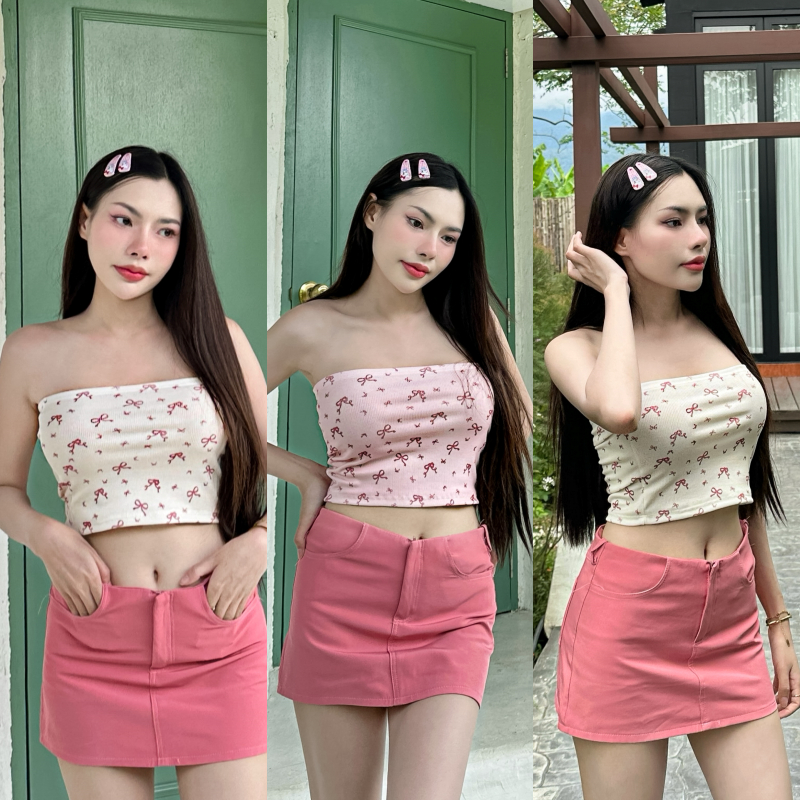 เสื้อเกาะอก ผ้าร่องยืดเยอะ สกรีนลายโบว์ สาวอวบใส่ได้ ผ้านิ่มไม่บาง ใส่แมตช์ลุคง่าย ถูกที่สุด รุ่น เกาะอกลายโบว์