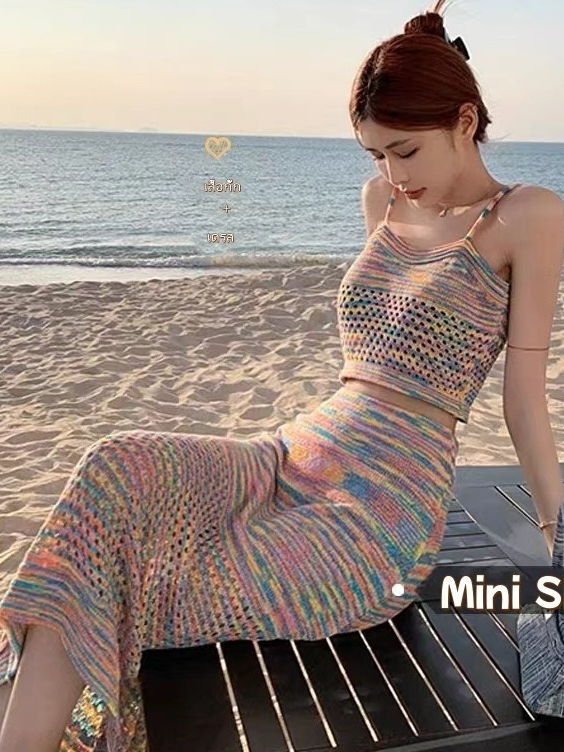 Mini shop🌸พร้อมส่ง🌸(6CX35)เซ็ท เสื้อสายเดี่ยวไหมพรม+กระโปรงขายาว สไตล์เกาหลี ดีเทลไล่สีม่วงเก๋ๆ  เสื้อผ้าแฟชั่นผู้หญิง
