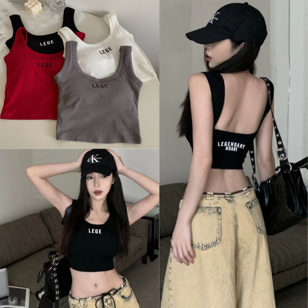 เสื้อกล้ามครอปดีเทลโชว์หลังเซ็กซี่ มีบราในตัว สำหรับผู้หญิง