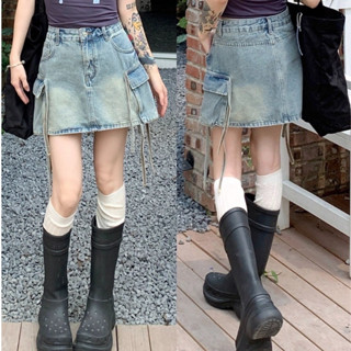 5021กระโปรงยีนส์สั้นสีฟอกเอวมีไซส์ XS-12XL แต่งสาย มีซับใน ด…