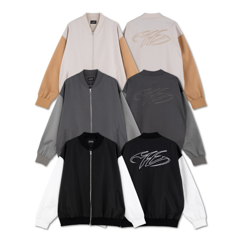 URTHE - เสื้อแจ็คเก็ต แขนยาว OVERSIZE ปักลาย รุ่น DOUBLE ZIP JK