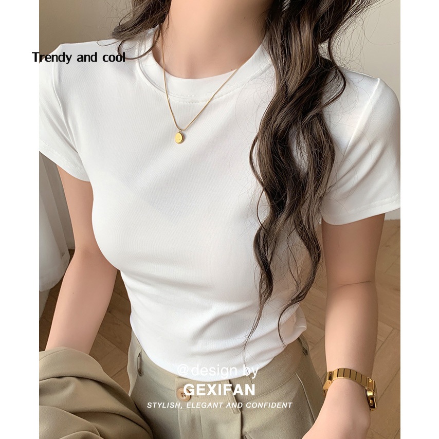 🚚พร้อมส่งจากกทม✨เสื้อยืดสีขาวผู้หญิง เสื้อยืดแขนสั้น สีพื้น คอกลม ผอมเพรียว ย้อนยุคคลาสสิก ผ้านิ่มสวมใส่สบาย
