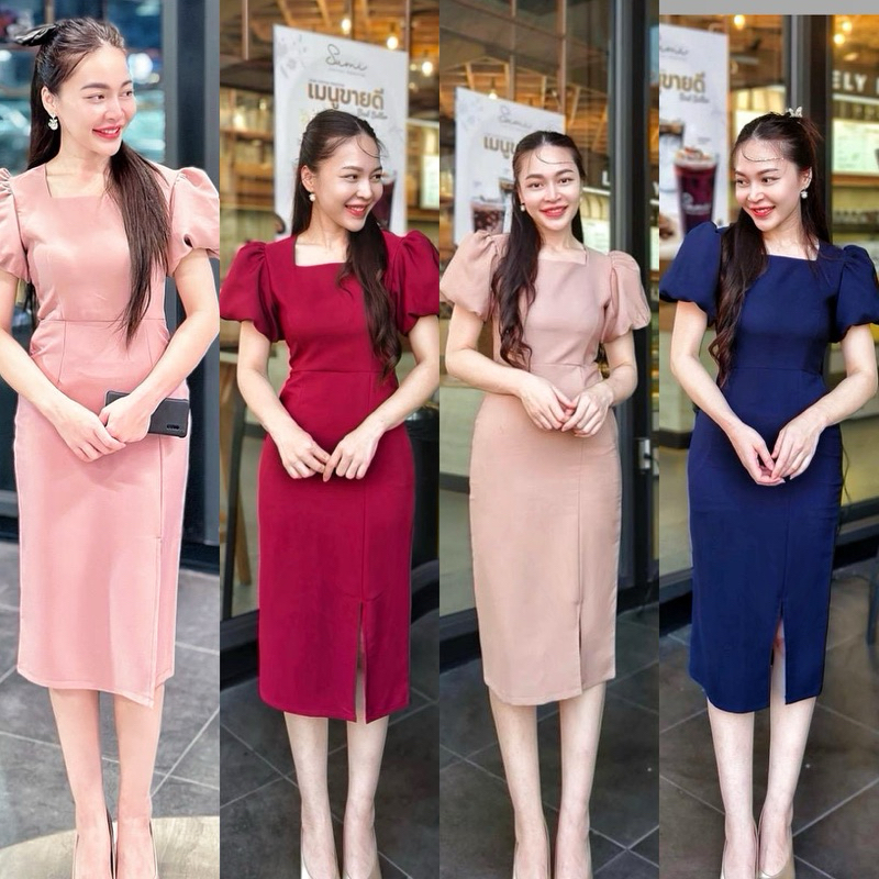 LS888 ชุดเดรสทรงสอบผ้าบาร์บี้ แขนตุ๊กตาบอลลูน กระชับพอดี พร้อมส่ง