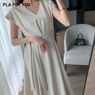 🌈S-5XL🌷เดรสยาว คอวี มีเชือกผูกเอวเข้ารูป พรางหุ่น เหมาะสำหรับสาวอวบ พลัสไซซ์ เดรสออกงาน ใส่สบาย