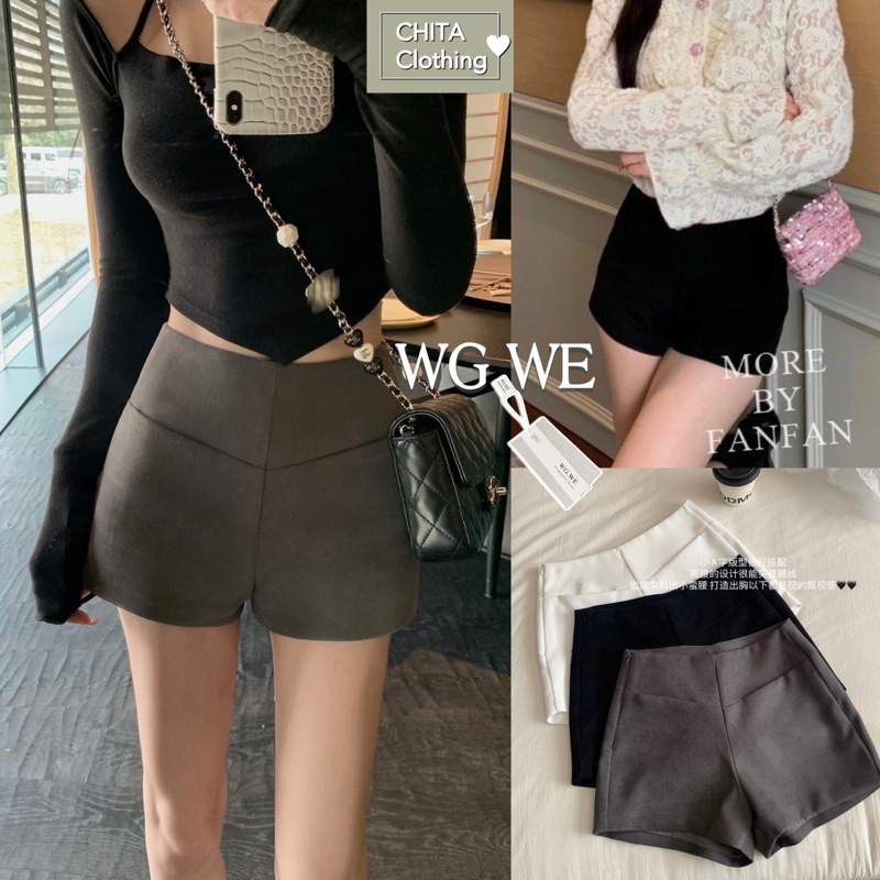 9457#กางเกงขาสั้น โทนสีพื้น ซิปข้าง กระเป๋าหน้า งานมีซับในTAG WG.WE