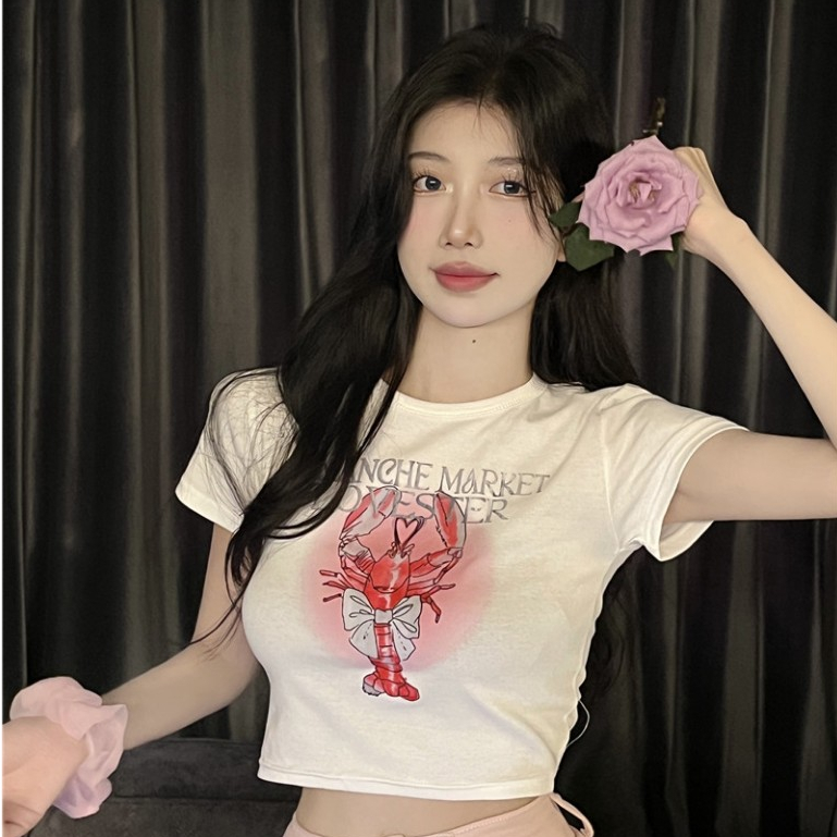 NAYIGUOJI เสื้อครอปแขนสั้น ผ้าเรย่อน ยืดตามตัว งานติดกระแส ทรงเบสิค