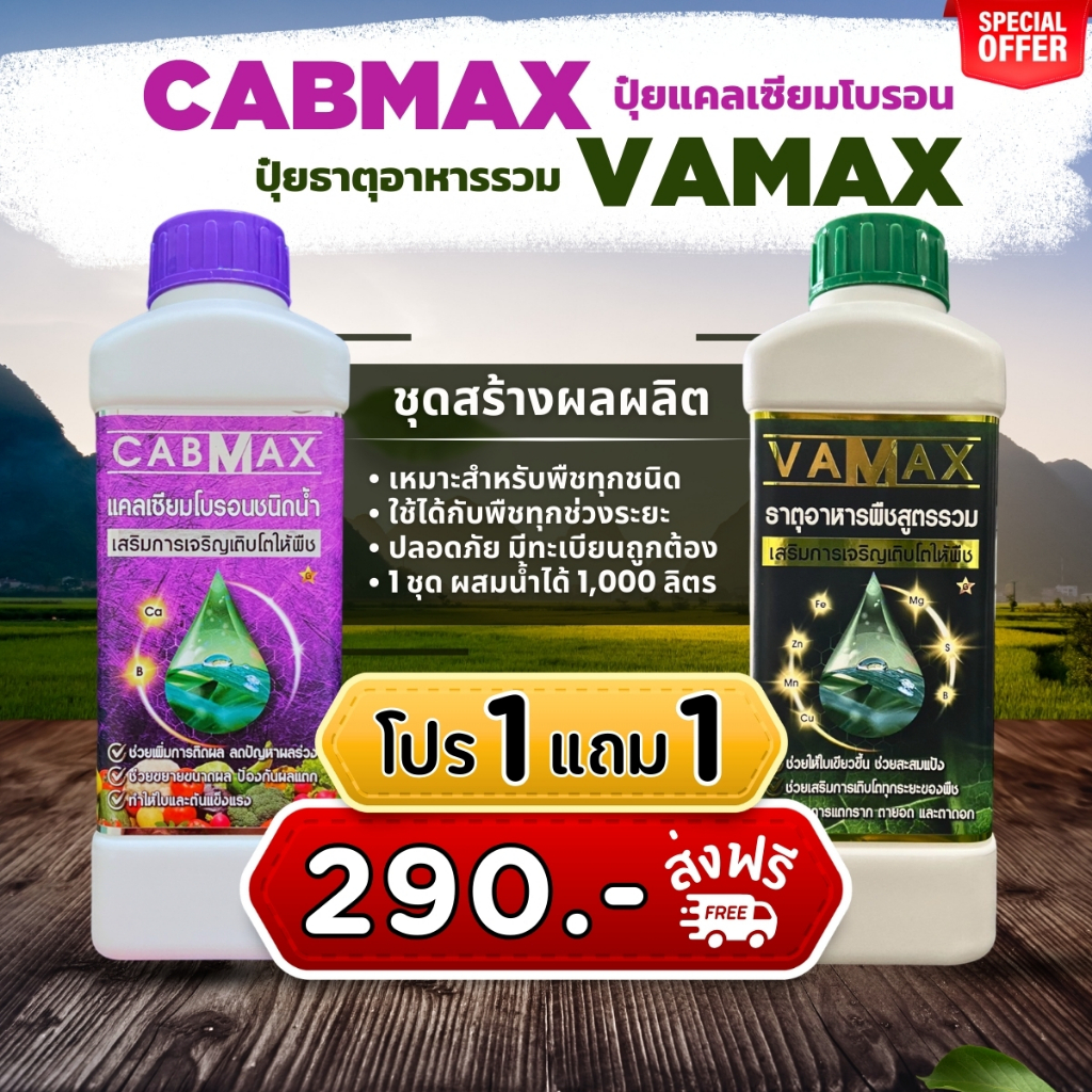 ปุ๋ยธาตุรวม VAMAX + CABMAX แคลเซียมโบรอน (1 แถม 1) ชุดทำดอก เร่งผล บำรุงต้น เสริมใบ (VC1)