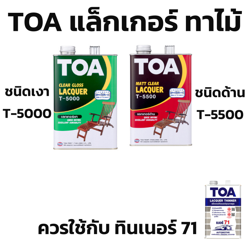 TOA แลคเกอร์ ชนิดเงา T5000 / ชนิดด้าน T5500 /Thinner 71 ขนาดแกลลอน 3.7 ลิตร สำหรับเคลือบผิวไม้ งานไม