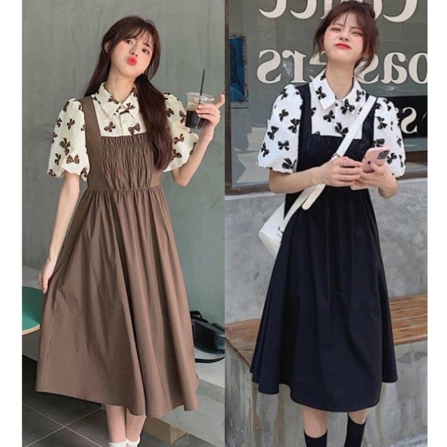 ชุดเดรสแขนพอง ลายโบว์ เดรสแบบยาว อกสม็อค (ชุดคลุมท้อง)