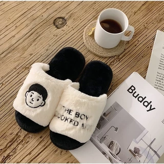 (พร้อมส่งจากไทย) รองเท้าใส่ในบ้าน หัวเปิด พื้นนิ่ม สลิปเปอร์ รองเท้าแตะขนฟู สวมใส่สบาย รองเท้าสลิปเปอร์
