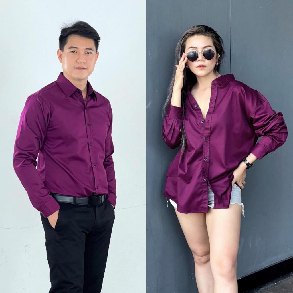 takayay brand เสื้อเชิ้ต สีม่วงเปลือกมังคุด 36-54 นิ้ว เสื้อเชิ้ตแขนยาว ผ้าคอตตอนทวิล