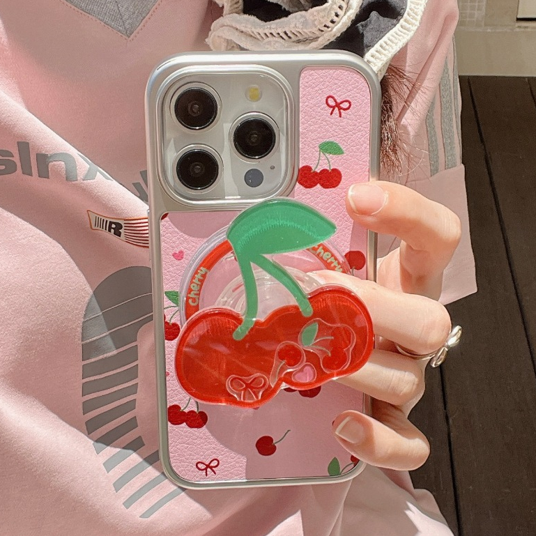 ใหม่ แม่เหล็ก ขาตั้ง เชอร์รี่ เคสไอโฟน iPhone 15 14 13 12 Pro Max หวานสวย กรอบชุบไฟฟ้า สีชมพู case for iPhone 12