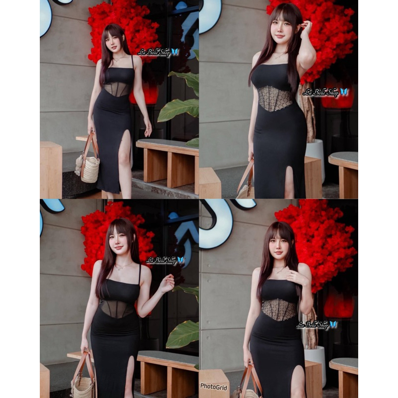 mnv_shop เดรสสายเดี่ยว แต่งชีทรูตรงเอว ผ้าเรย่อนรัดรูป