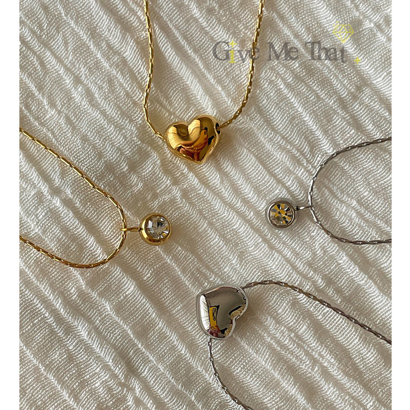 สร้อยคอสแตนเลสแท้ สไตล์มินิมอล ชุบทอง 18K สร้อยคอรุ่น Heart Lover & Diamond Necklace Givemethat