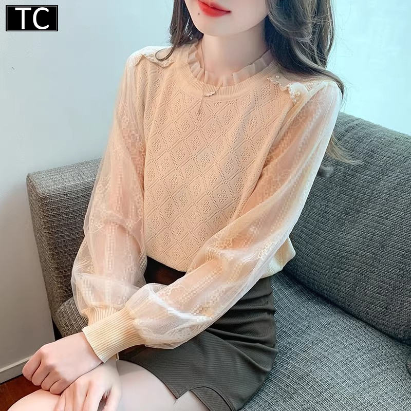 TC แฟชั่นเกาหลีใหม่ ลูกไม้เย็บตาข่ายท็อปส์ไหมพรมแขนยาว รุ่น4387