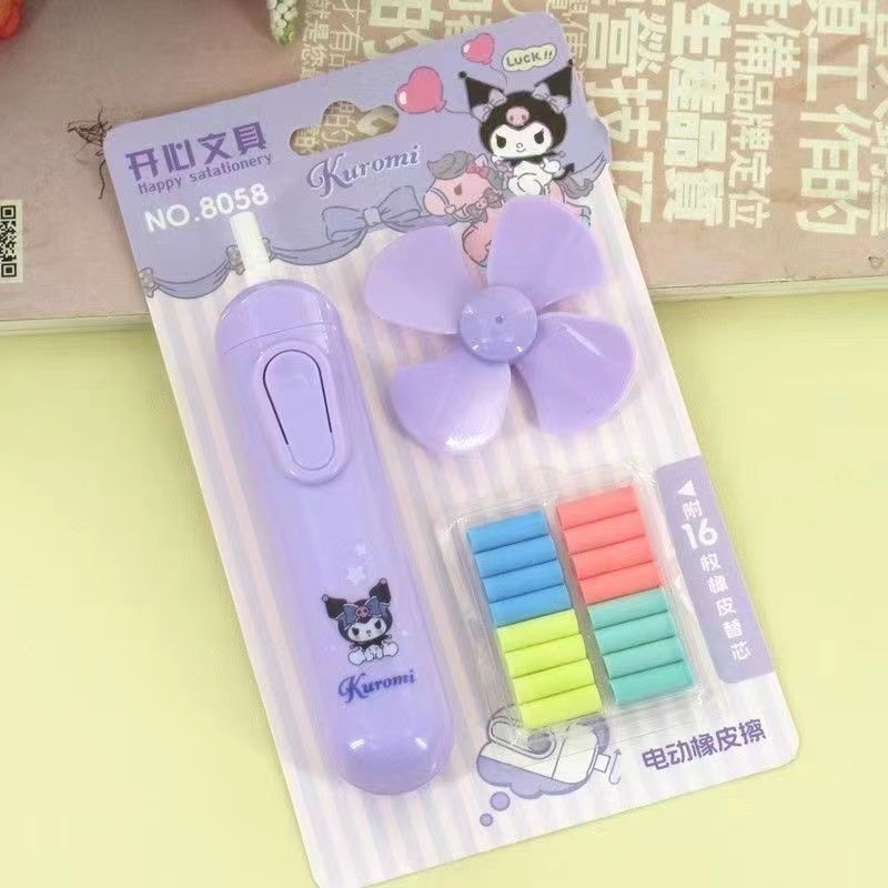 ยางลบน่ารัก Sanrio 2 in 1 ยางลบไฟฟ้า พัดลมพกพา ชาร์จใหม่ได้ Core เปลี่ยน Traceless ดินสอประหยัดแรงงานเช็ด กลับไปที่โรงเร