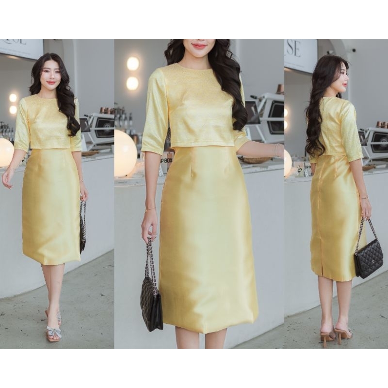 Royal thai dress เดรสสีเหลืองผ้าไทย