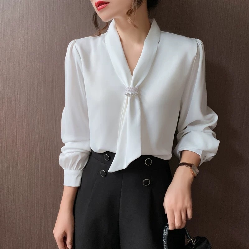 [8113]เสื้อทำงานแขนยาว รุ่นไทด์สไตล์เกาหลี เนื้อผ้าเบาใส่สบาย นิวแฟชั่น