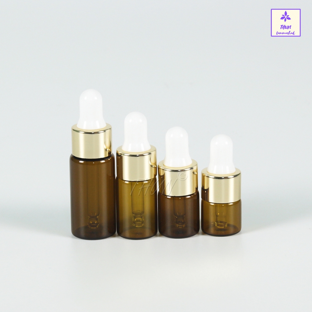 [1 ใบ / จิ๋ว] ขวดดรอปเปอร์ ขวดเซรั่ม สีชาใส ฝาขอบทอง+จุกยางขาว ใส่น้ำมันหอมระเหย  1/2/3/5/ ml