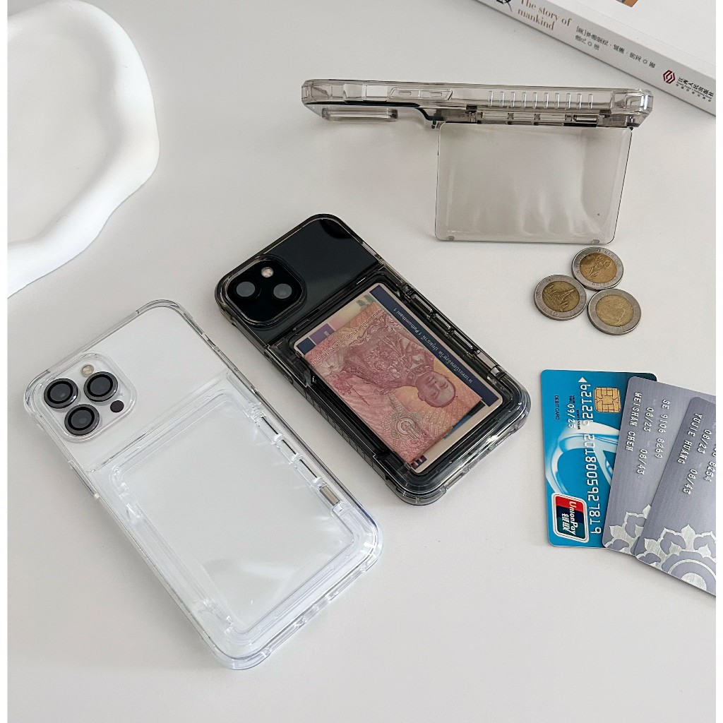 case พร้อมส่ง เคสโทรศัพท์มือถือแบบใส พร้อมช่องใส่บัตร และขาตั้ง สําหรับ iPhone 15 14 13 12 11 Pro Max Samsung S23 S24