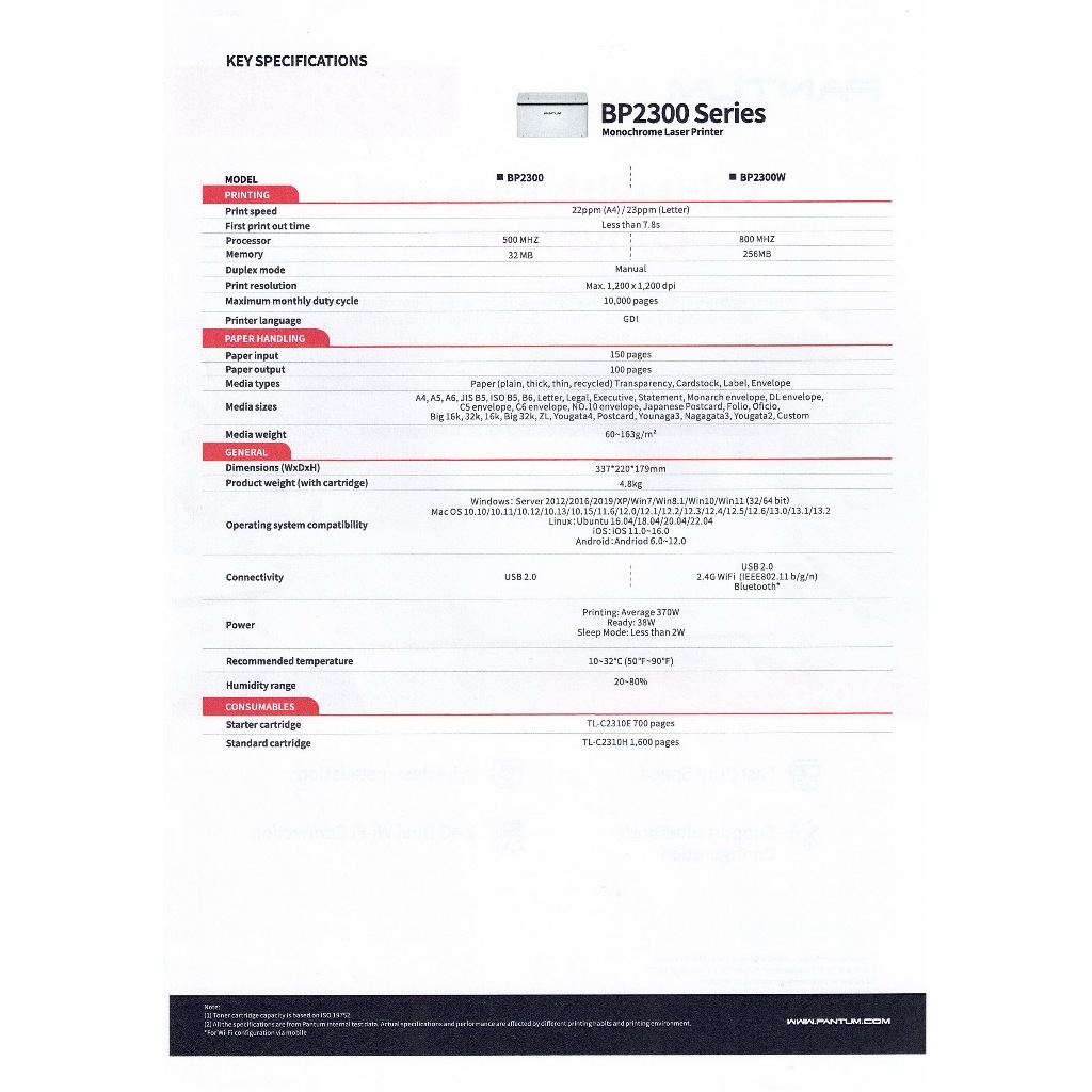 PANTUM BP2300 BP2300W เครื่องปริ้นขาวดำ พิมพ์อย่างเดียว พร้อมหมึกในเครื่อง ประกันศูนย์ 3 ปี - รูปที่ 3