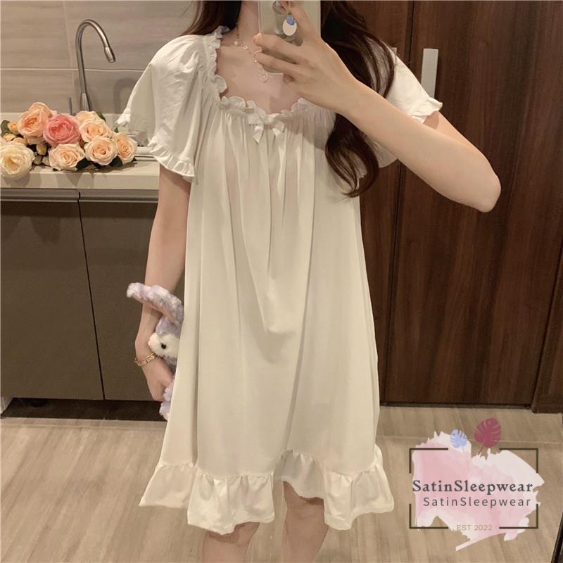 SatinSleepwear ชุดกระโปรงผู้หญิง ชุดนอนเจ้าหญิง เรียบง่ายและอนุรักษ์นิยม หลวมและสะดวกสบาย ราคาถูก.