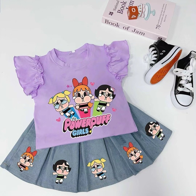 ชุดเซตกระโปรง powerpuff g งาน กระโปรงยีนส์แท้สกรีนลายน่ารัก