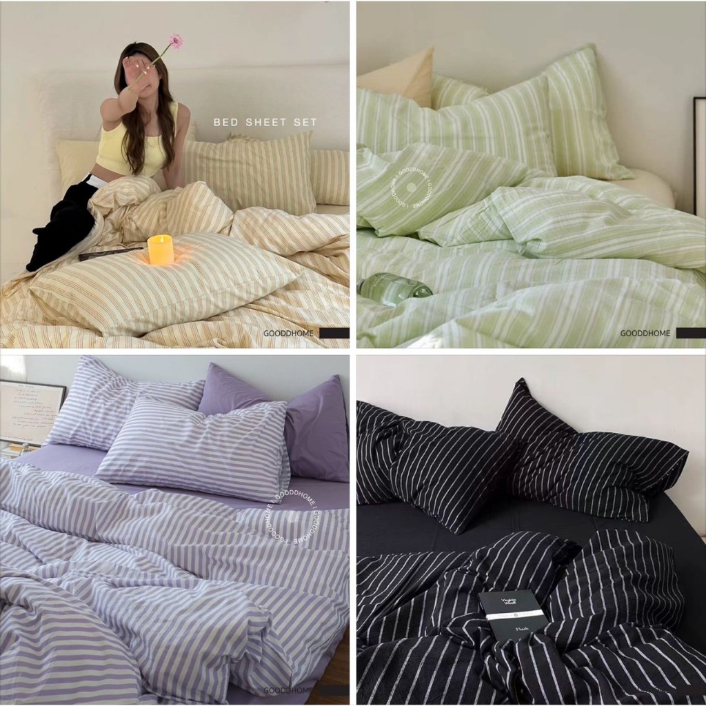 New Collection ลายทาง !! ผ้าปูที่นอนผ้าฝ้ายแท้ ขนาด 3.5 | 5 | 6 ft มีให้เลือก 6 สี