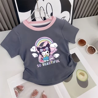 Beryl kids🌸เสื้อคอกลมแขนสั้นเด็ก🎀เสื้อยืดพิมพ์ลายการ์ตูนคุโรมิ สไตล์เกาหลี ลำลอง เสื้อจับจีบน่ารัก ใส่สบาย ฤดูร้อน