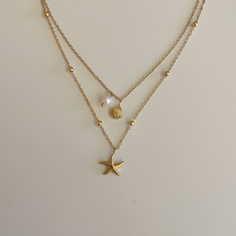 shellandgold - สร้อยคอสแตนเลส 2 ชั้นมาพร้อมจี้เปลือกหอย ปลาดาว และมุก