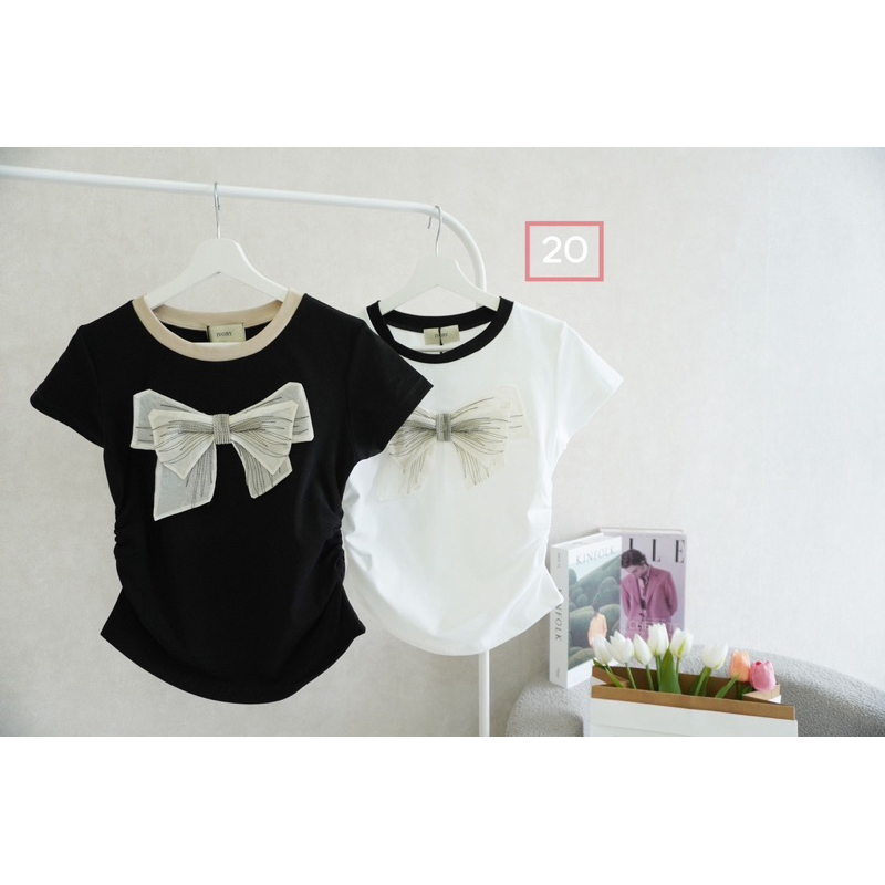 พร้อมส่ง เสื้อยืดผ้ายูนิโคล่ ป้าย IVORY แต่งโบว์ สวยมาก
