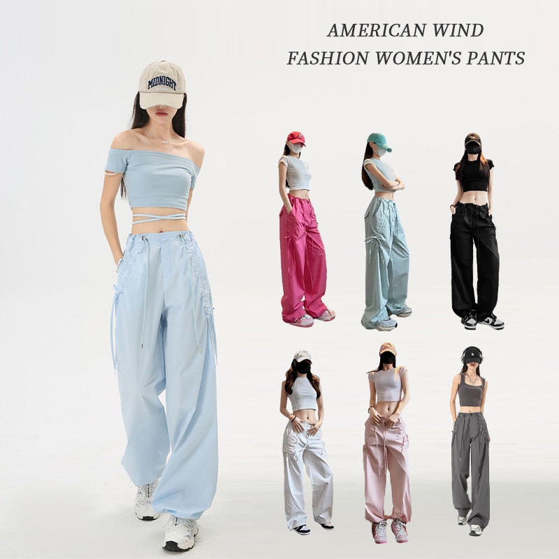 Pants มีทั้งหมด6สี กางเกงเอวสูง กางเกงคาร์โก้ผู้หญิง กางเกงผ้าร่มขายาว ทรงหลวมรุ่นนี้กระดุมหลอกด้านหน้า แต่งเชือกรูดย่น