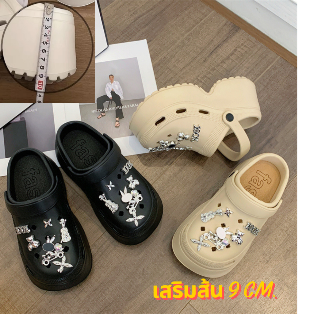 รองเท้าแฟชั่นหัวโต แถมสติ๊กเกอร์ สวมใส่ทนทาน ดีเทลน่ารัก พื้นหนานิ่ม ใส่สบาย เสริมส้นหนา 9 cm มีสายรัดส้นได้ วัสดุEVA