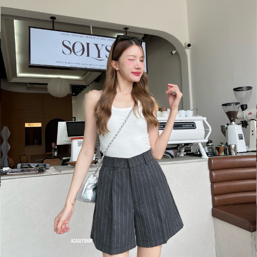 Acasey กางเกงขาสั้นผู้หญิง ผ้าชิโนก้างปลาสุดพรีเมียม ผ้านุ่มมาก ทรงไม่รัดขา รุ่นขาสั้นริ้วก้างปลา - รูปที่ 3