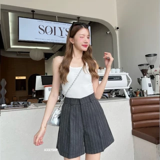 Acasey กางเกงขาสั้นผู้หญิง ผ้าชิโนก้างปลาสุดพรีเมียม ผ้านุ่มมาก ทรงไม่รัดขา รุ่นขาสั้นริ้วก้างปลา