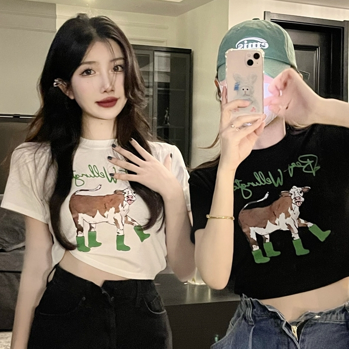 GUOOI88 เสื้อสกรีนลายน่ารัก ทรงครอปแขนสั้้น เรย่อนยืดเยอะ