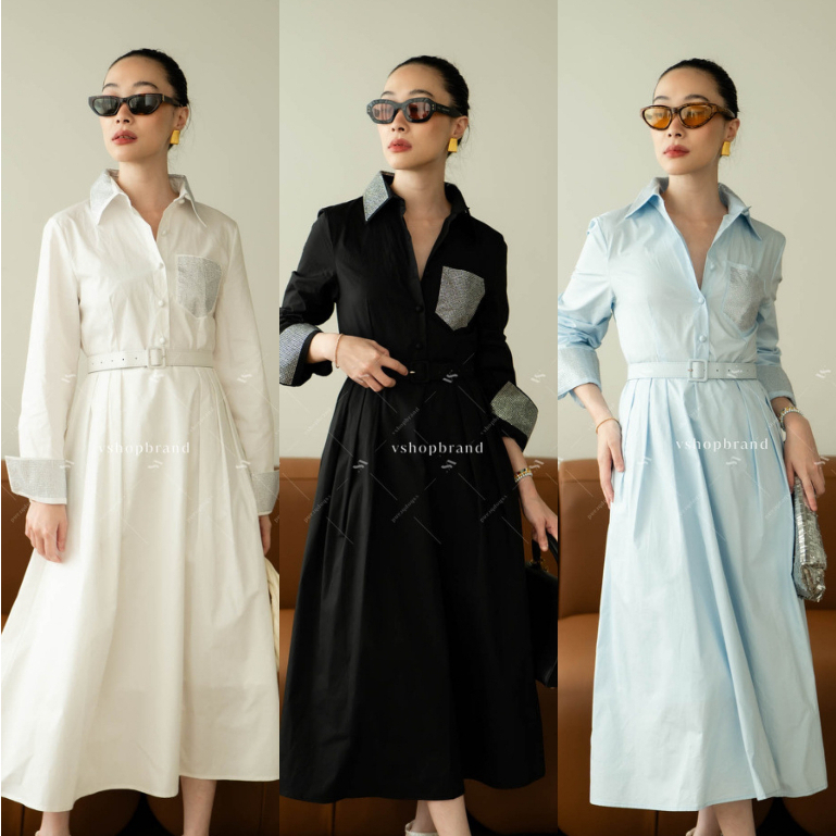 พร้อมส่ง เดรสแขนยาวปก กระเป๋า แต่งเพชรเม็ดเล็ก+เข็มขัด งานป้าย vshopbrand