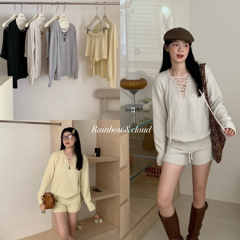Set2pcs. เสื้อแขนยาวถัก+กางเกงขาสั้นรุ่น 9456 TAG:WG.WE