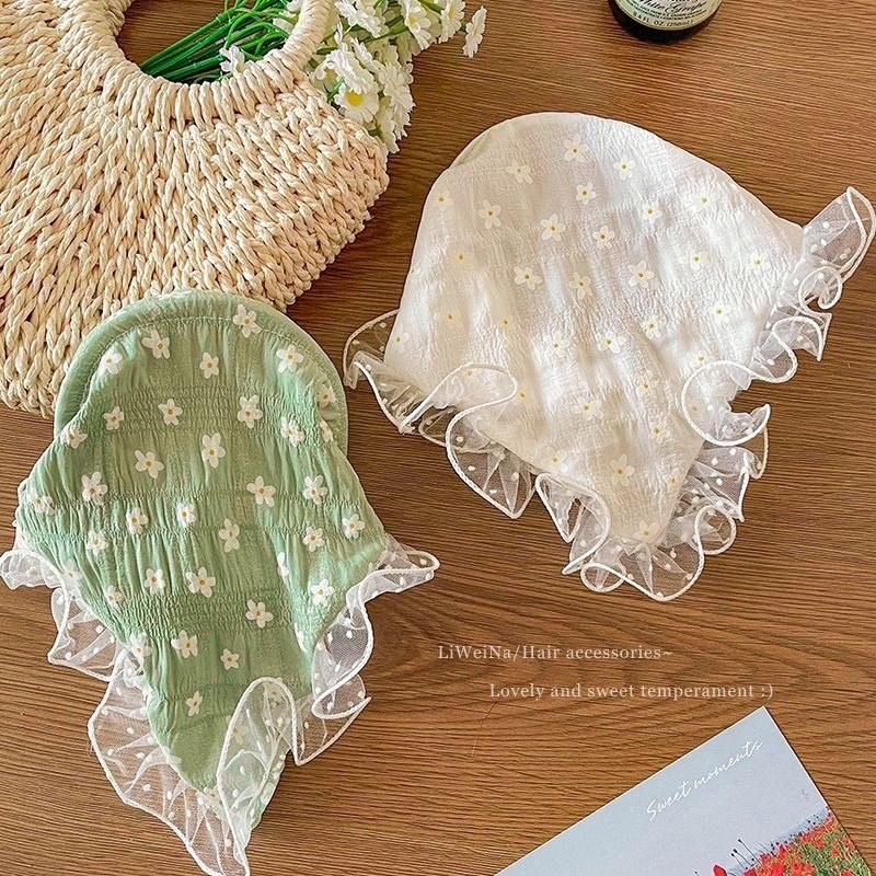 ที่คาดผม ผ้าโพกหัวสามเหลี่ยมระบาย ปักดอกไม้น่ารัก พร้อมส่ง