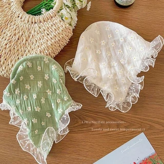ที่คาดผม ผ้าโพกหัวสามเหลี่ยมระบาย ปักดอกไม้น่ารัก พร้อมส่ง
