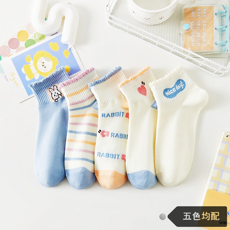 JMS STORE ถุงเท้าข้อสั้น (5สี/10คู่) ถุงเท้าแฟชั่น เนื้อผ้านุ่ม  ลายRABBIT NO.B35