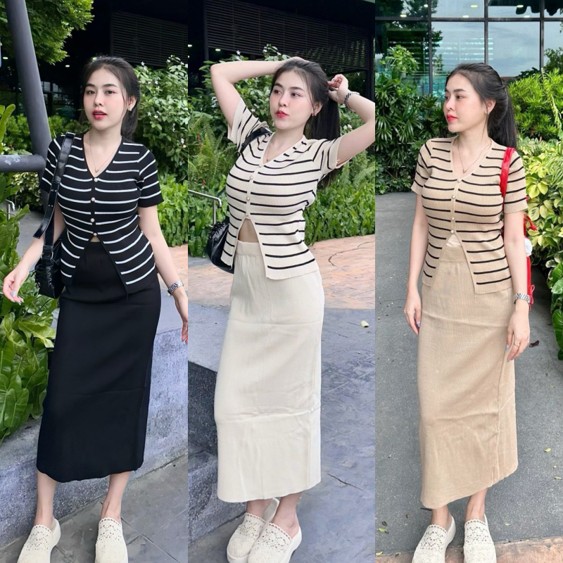 ชุดเซ็ตไหมพรม 2 ชิ้น เสื้อคอวีแขนสั้น+กระโปรงยาวสีพื้น ยืดเยอะมาก ทรงสวย สาวอวบใส่ได้ รุ่น พรรษา