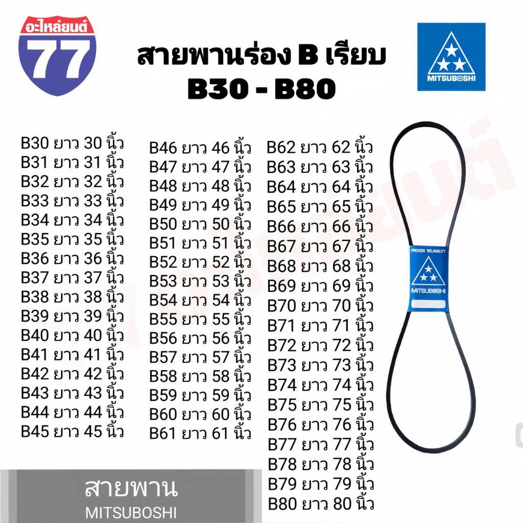 สายพานมิตซูโบชิ สายพานร่อง B (B30 - B80) MITSUBOSHI สายพานการเกษตร