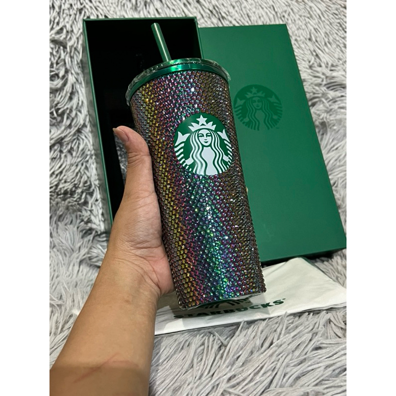 Starbucks Stainless Steel Bling Green Rhinestone Cold Cup 16oz Thailand exclusive