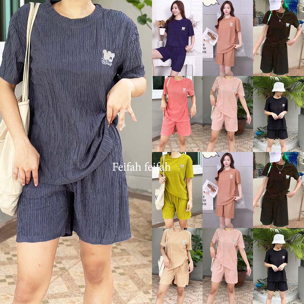 พร้อมส่ง เสื้อชุด เสื้อเซท กางเกง+เสื้อ ผ้ายับ ปักC คอกลม เเขนสั้น สีพื้น