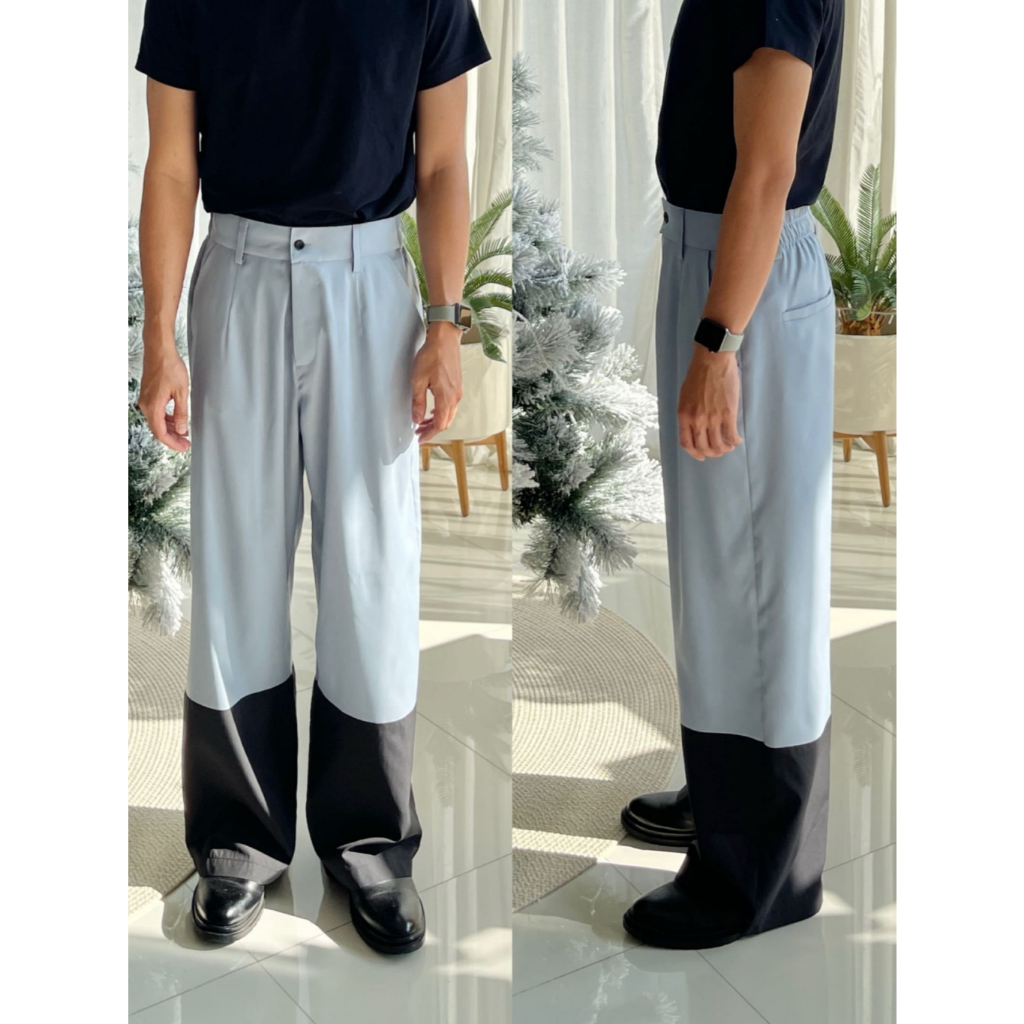 กางเกงเอวสูง สีฟ้า-ดำ (ตัดต่อขา)