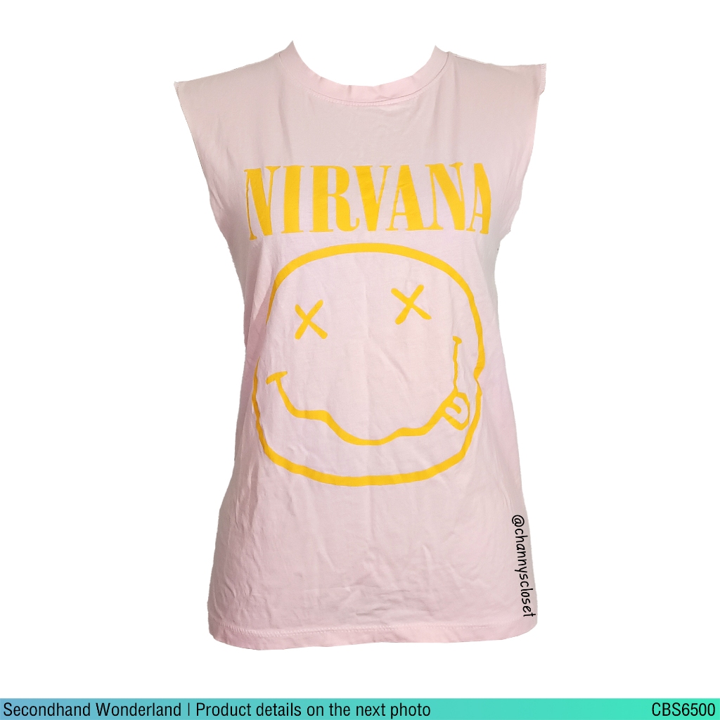 💖USED H&M - Pink Nirvana Tank T-Shirt | เสื้อยืดสีชมพู สีเหลือง เสื้อวง แขนกุด ลายกราฟิก วินเทจ แท้ 