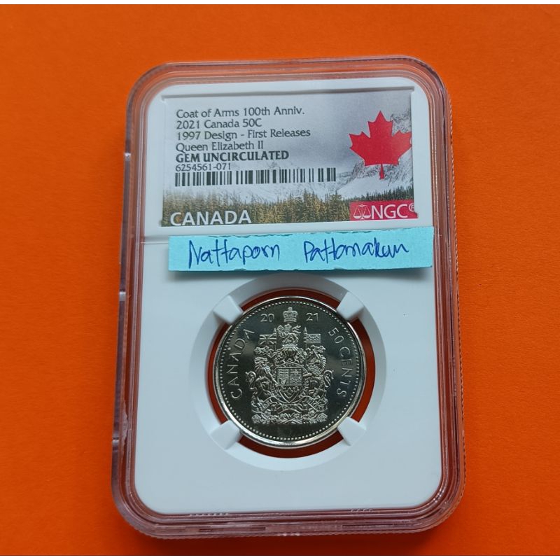 เหรียญเกรด NGC Gem Uncirculated -First Release Coat Of Ams 100th Anniversary Canada 50C 2021